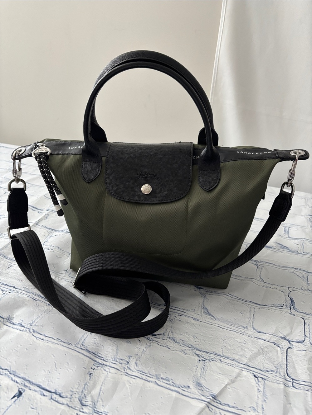 Longchamp Crossbody Bag in Olive Green with Black Trim